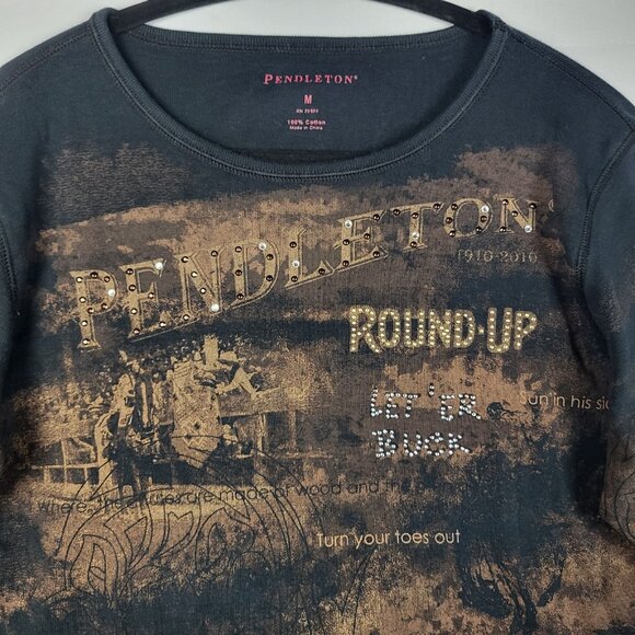 Pendleton Round Up Sequined Top Women's Medium Brown Let em Buck Western Cowgirl - Picture 3 of 10